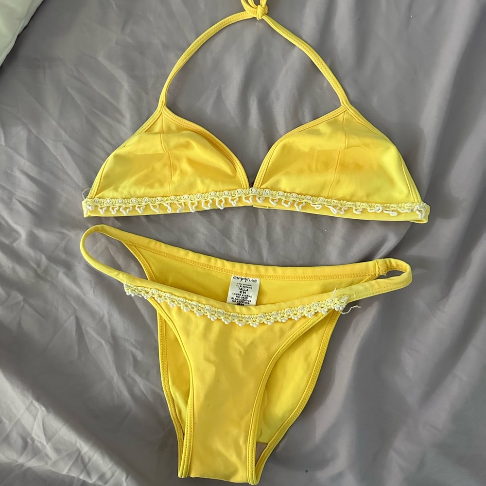 Yellow Tiny Bikini - White Floral Trim